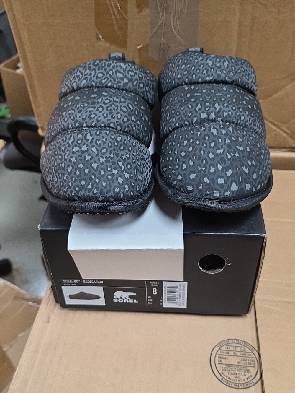 Sorel Go Bodega Run WomensPuffer Slippers in Black Grey Leopard